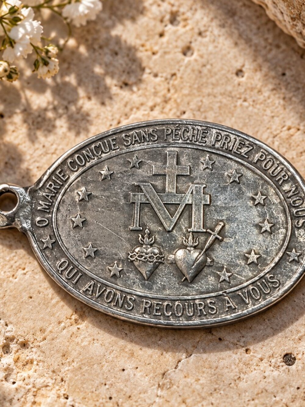 Vintage Silver Tone Miraculous Medal Pendant Italy